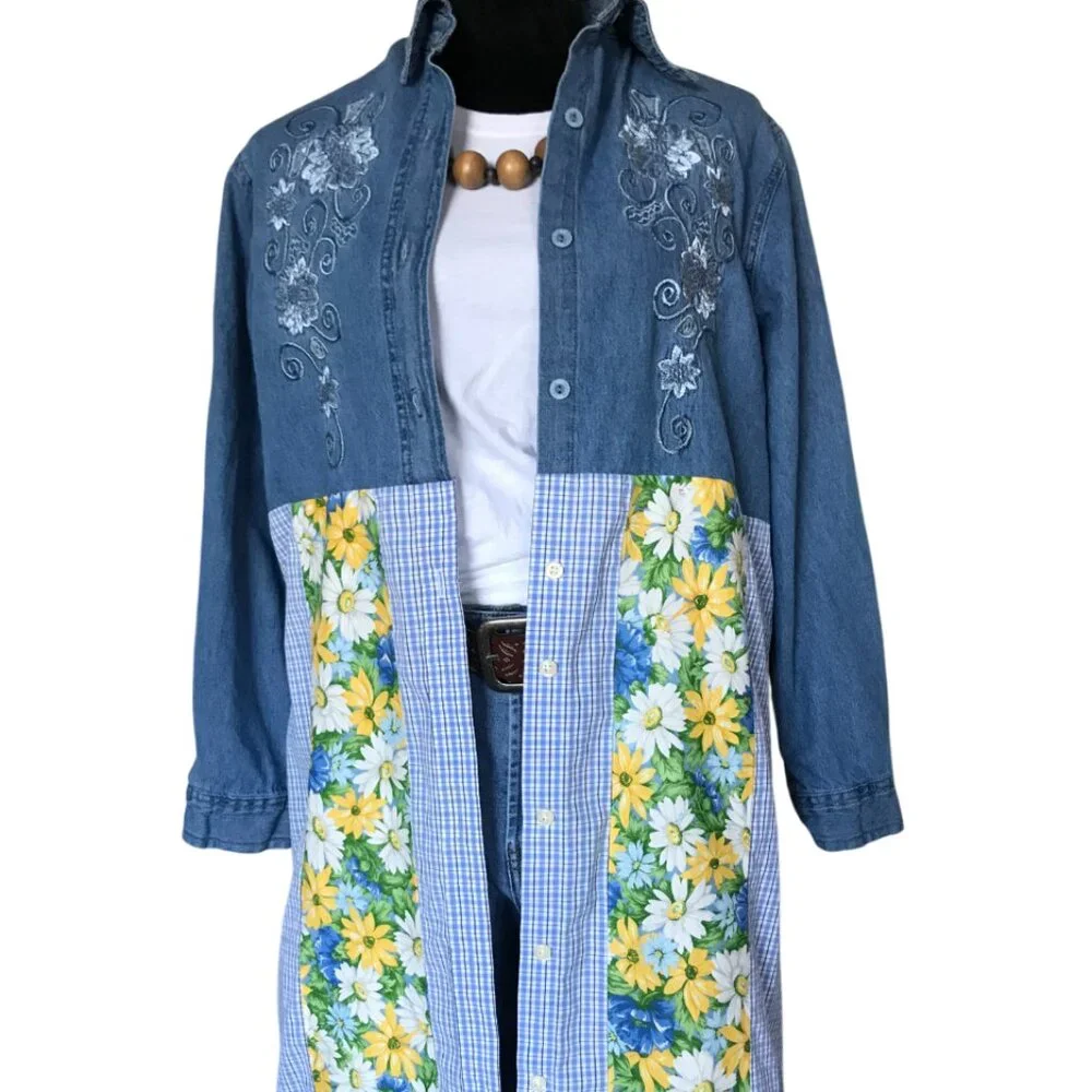 Patchwork Denim Duster, Upcycled Boho Layering Jacket Spring Daisies Size Large - Picture 8 of 14